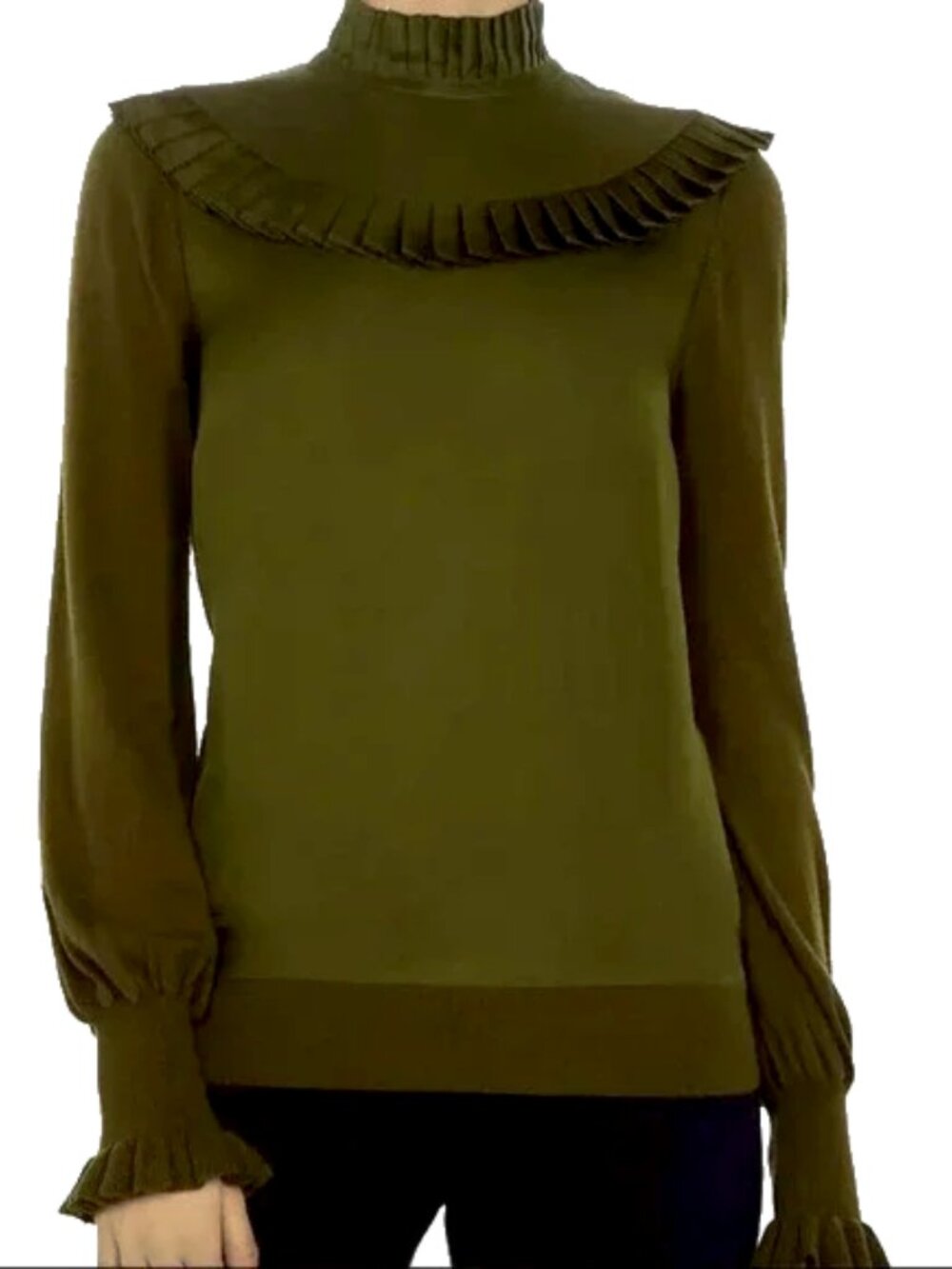 Ted Baker Women's Green Frill Bib High Neck Long Sleeve Sweater